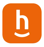 Un cuadrado naranja con una letra h blanca y una sonrisa en él.