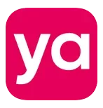 Un cuadrado rosa con la palabra ya en letras blancas.