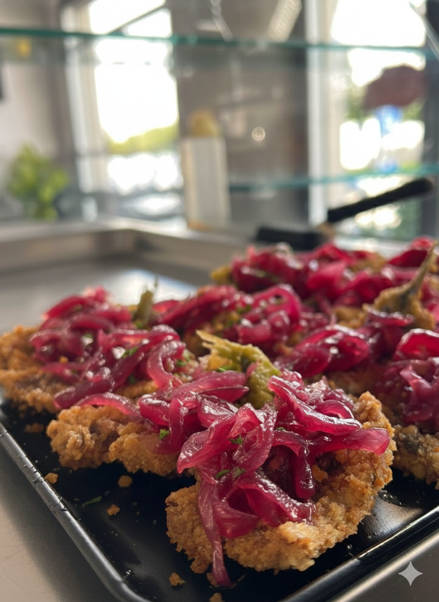 Piatto con salsiccia e verdure tenuto da una persona con una camicia marrone chiaro.