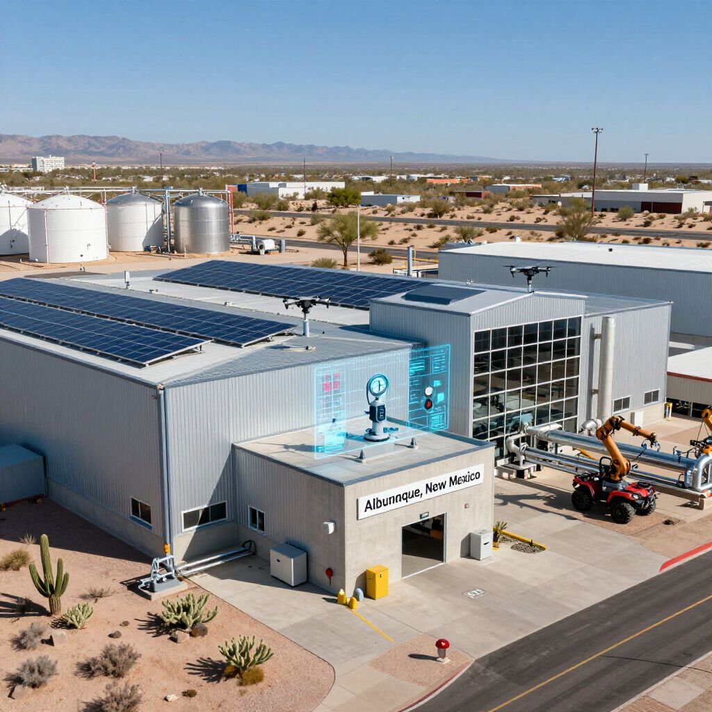 Industrial building with solar panels, desert landscape. 