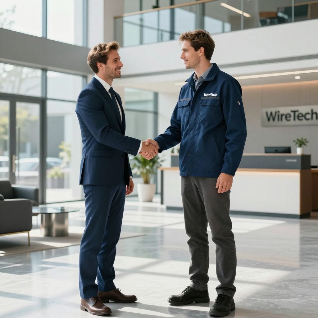Man in suit shakes hands with man in work uniform in a modern lobby.