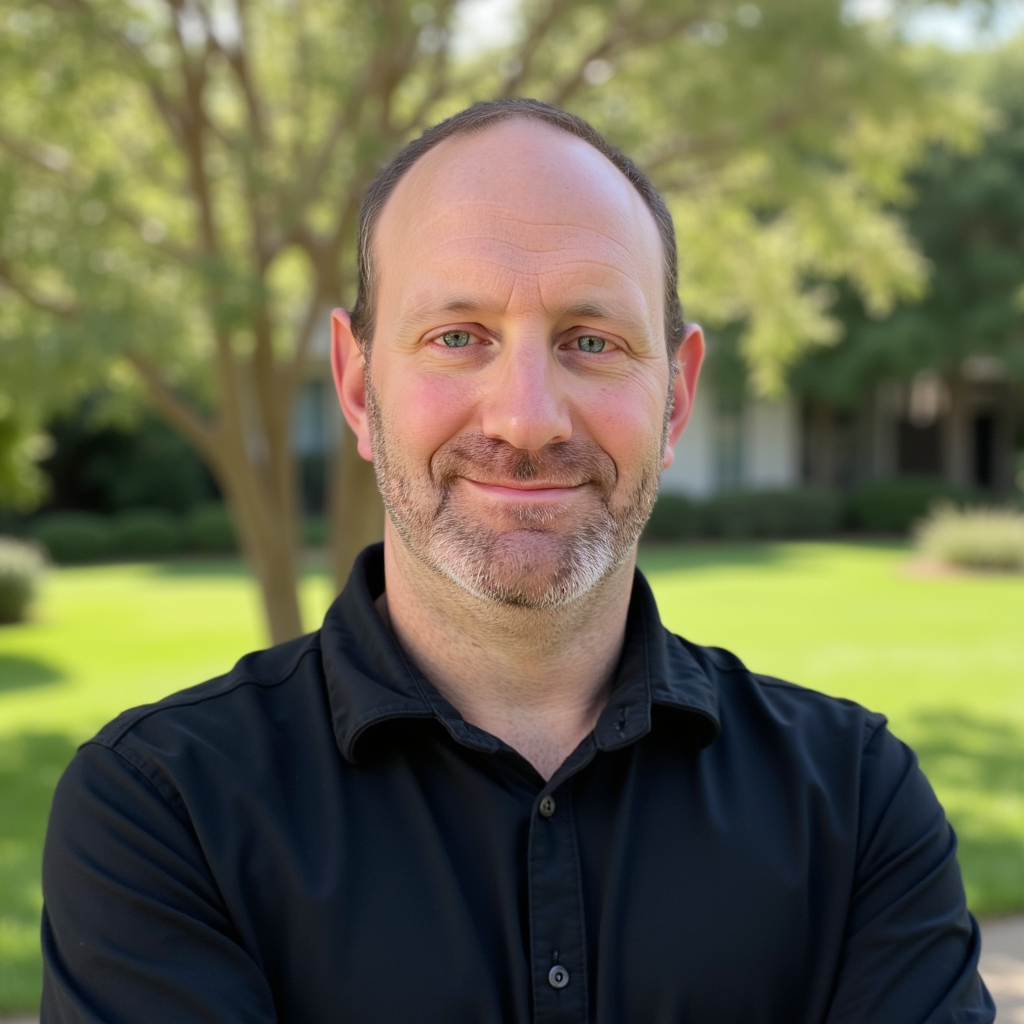 Man with short brown hair and stubble smiling, wearing a black shirt, outdoors in front of a tree.