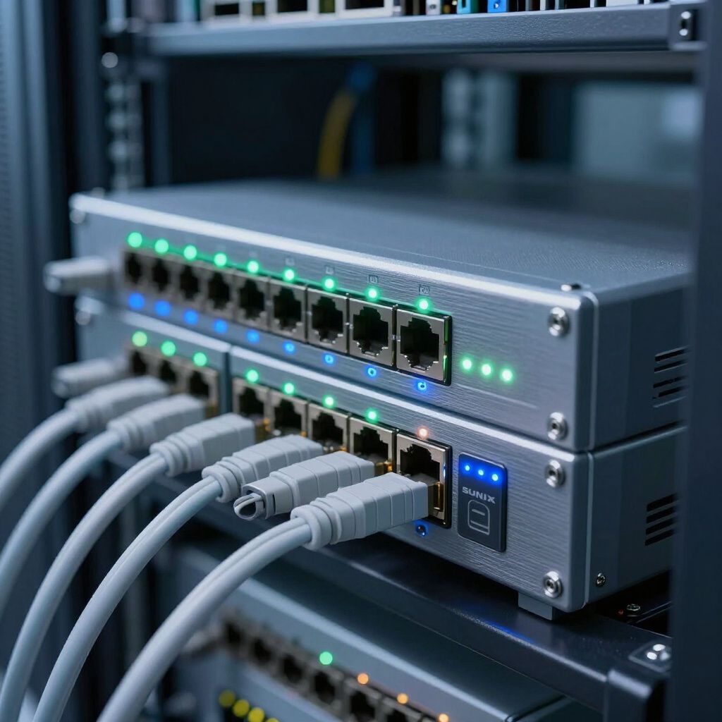 Network servers with gray cables connected, lights on, in a server rack.