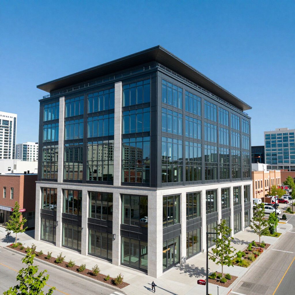 Modern multi-story office building with glass windows and a flat roof, downtown setting.