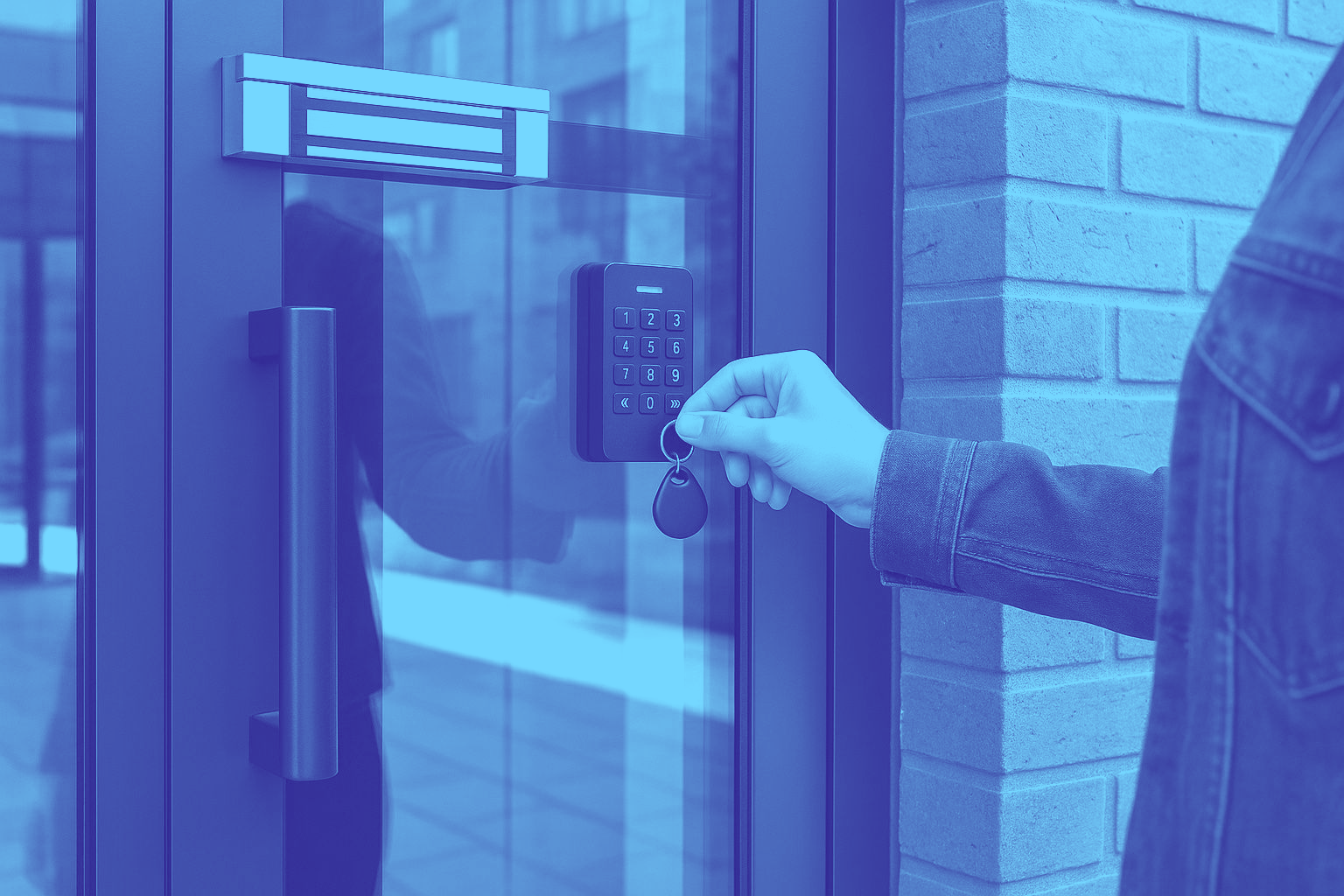 Person unlocking a glass door with a key near a keypad and brick wall.