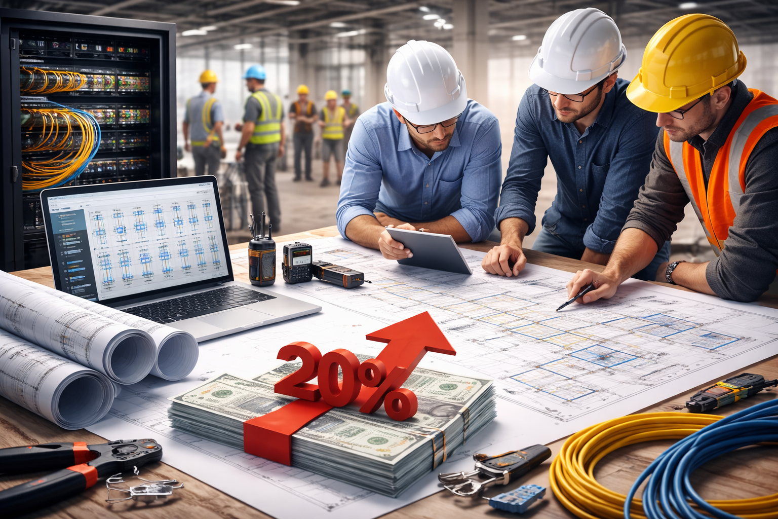 Construction workers reviewing plans with a financial growth graphic, office setting.