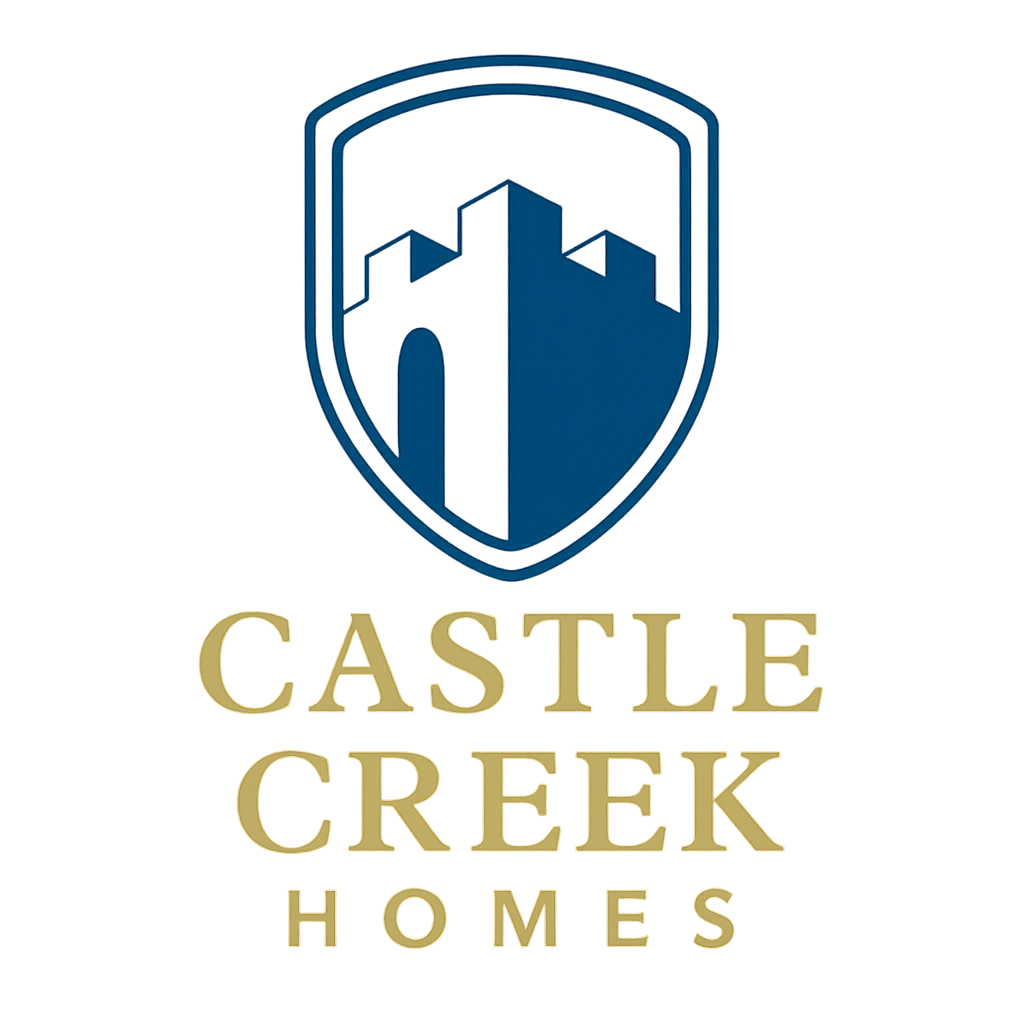 Logo for Castle Creek Homes: blue and white castle icon in a shield, gold text below.