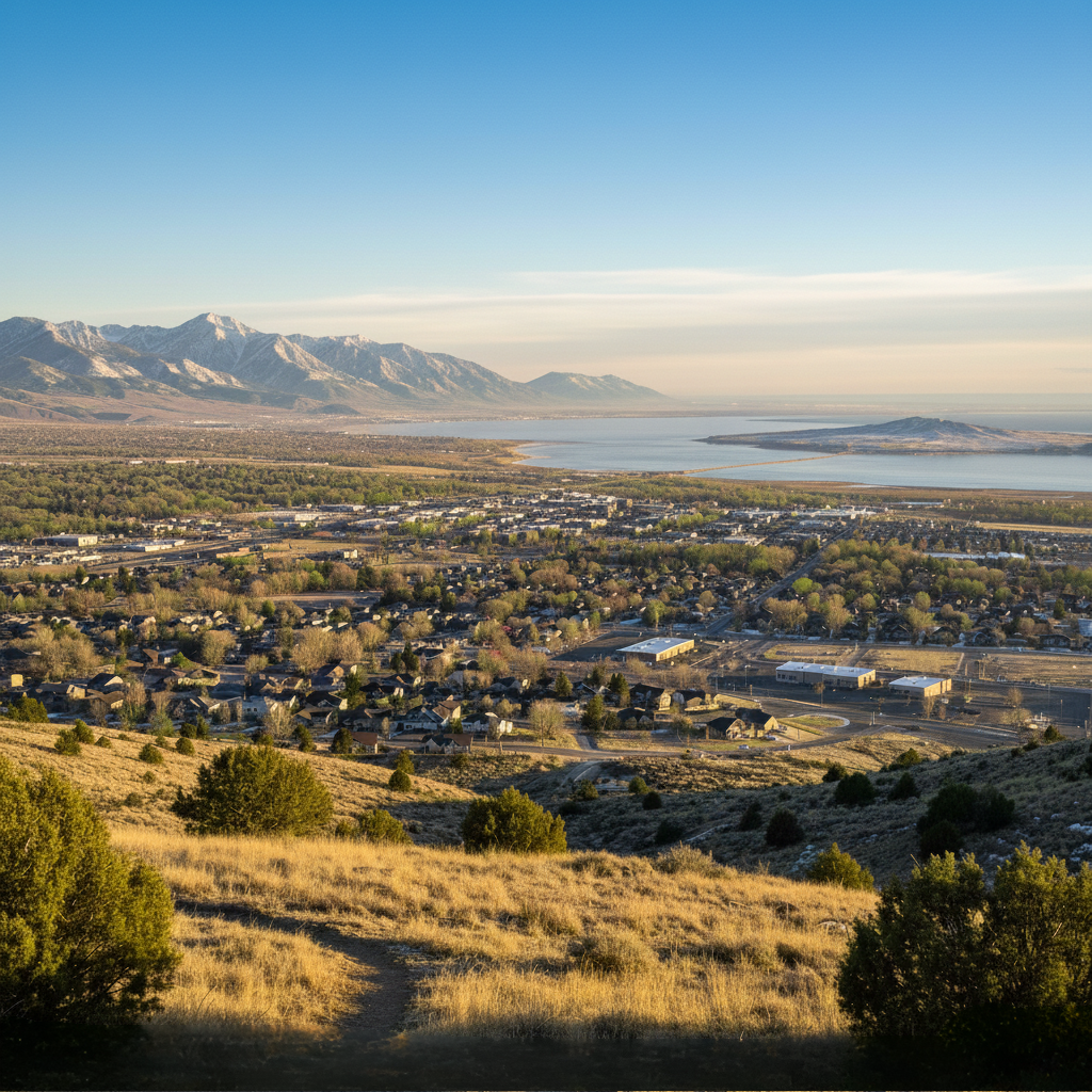 Overlooking a town, a lake, and mountains. Dry grass and shrubs in the foreground, clear blue sky.