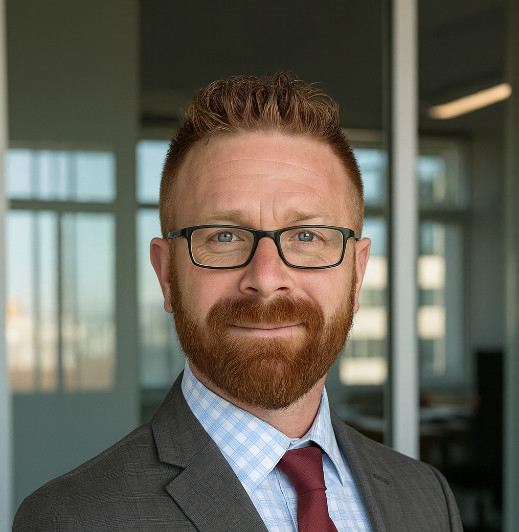 Man with glasses and red beard, wearing a suit in an office setting.