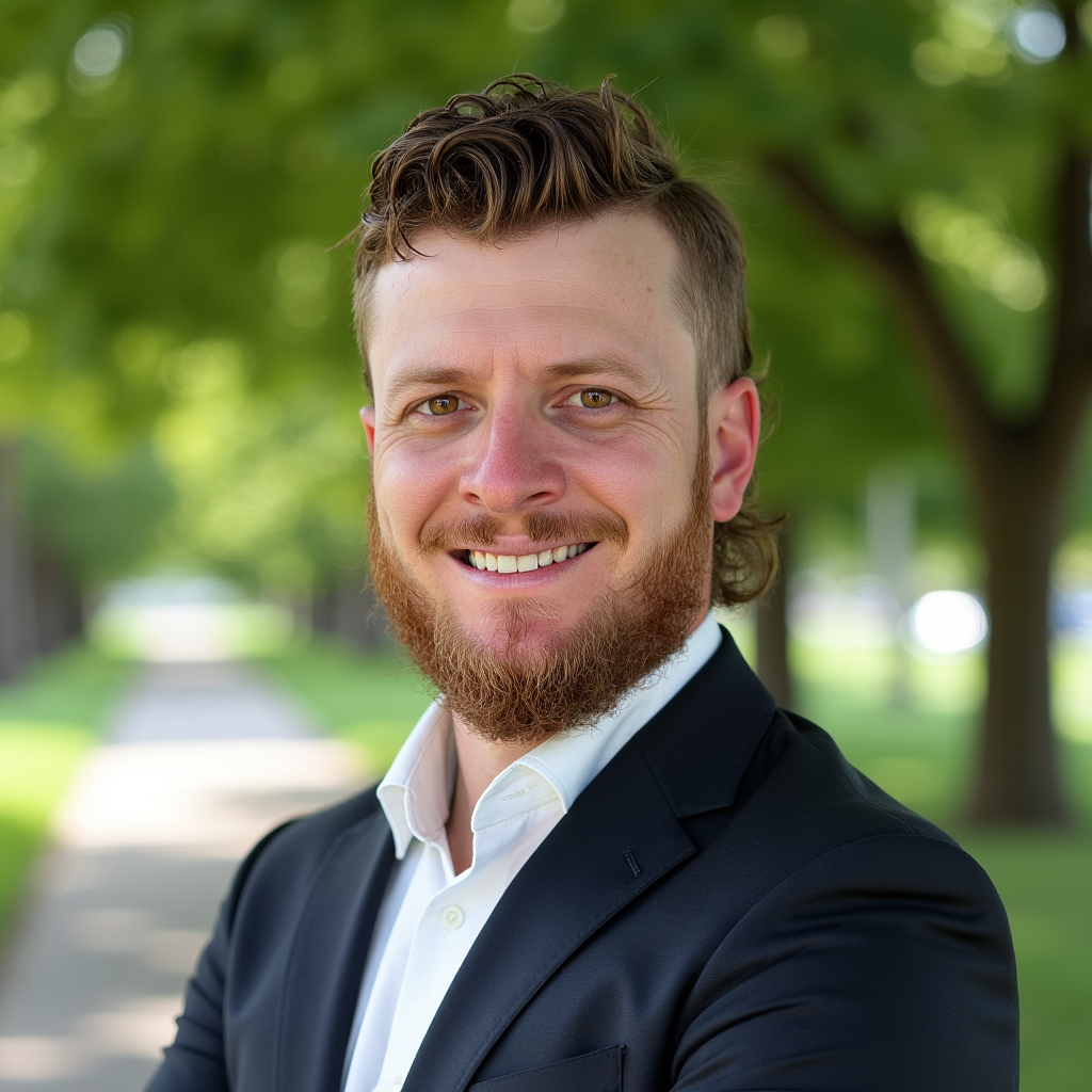 Man with beard in blazer smiles outdoors.