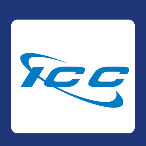 Blue and white logo for ICC. 