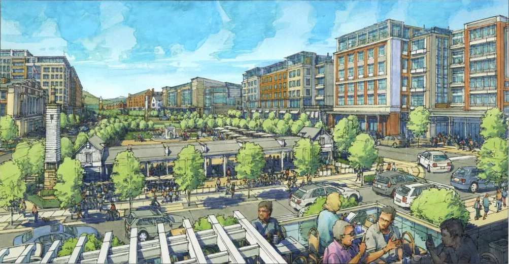 Watercolor rendering of a town square with buildings, trees, pedestrians, and cars under a blue sky.