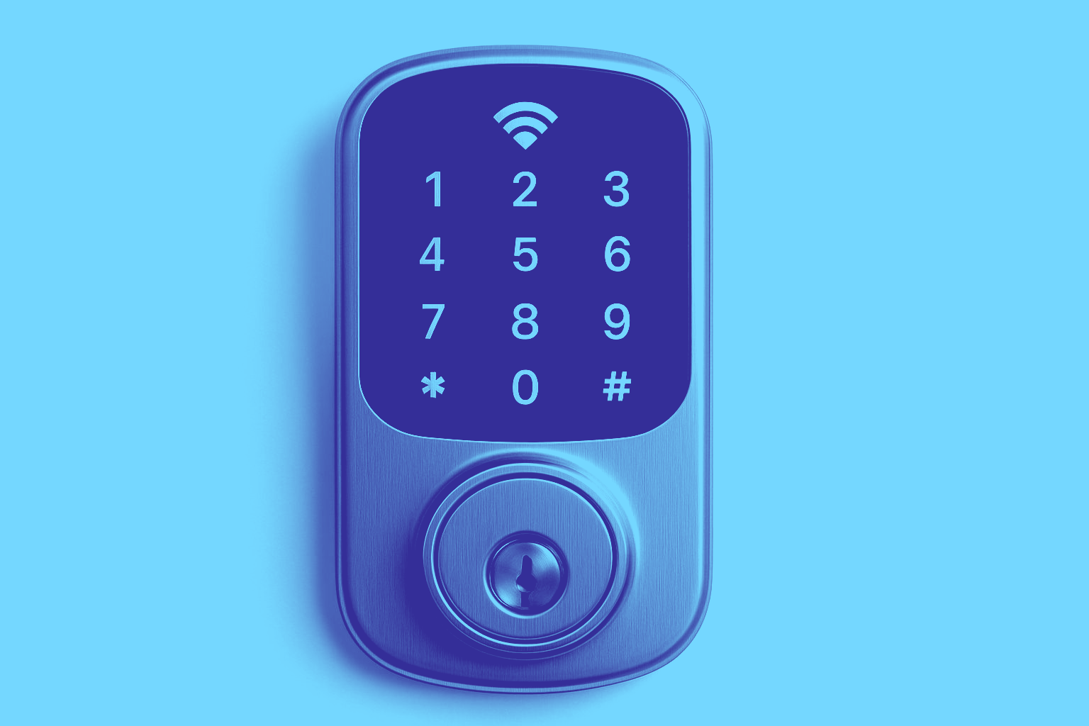 Digital keypad lock with numbers 0-9, and a Wi-Fi icon. Silver casing, on a blue surface.