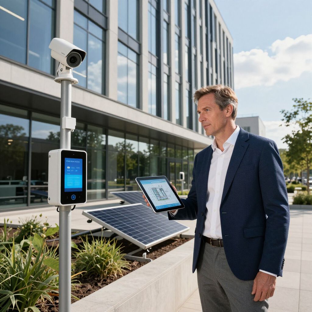 Man scanning a QR code on a tablet near a security system with a camera, touchscreen, and solar panels outdoors.