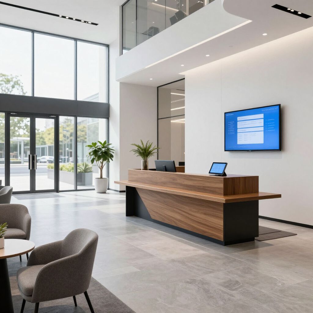 Modern office lobby with a wooden reception desk, large windows, and seating area.