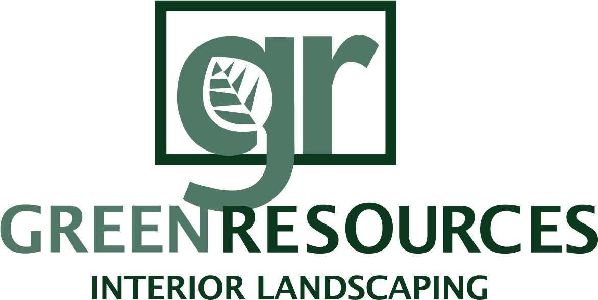the logo for green resources interior landscaping has a leaf on it