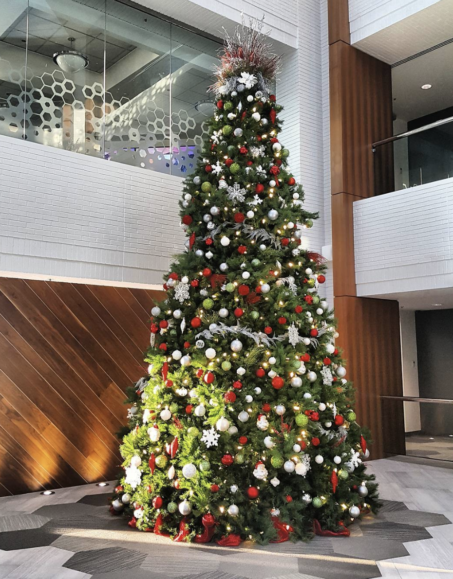 a very tall christmas tree in a building