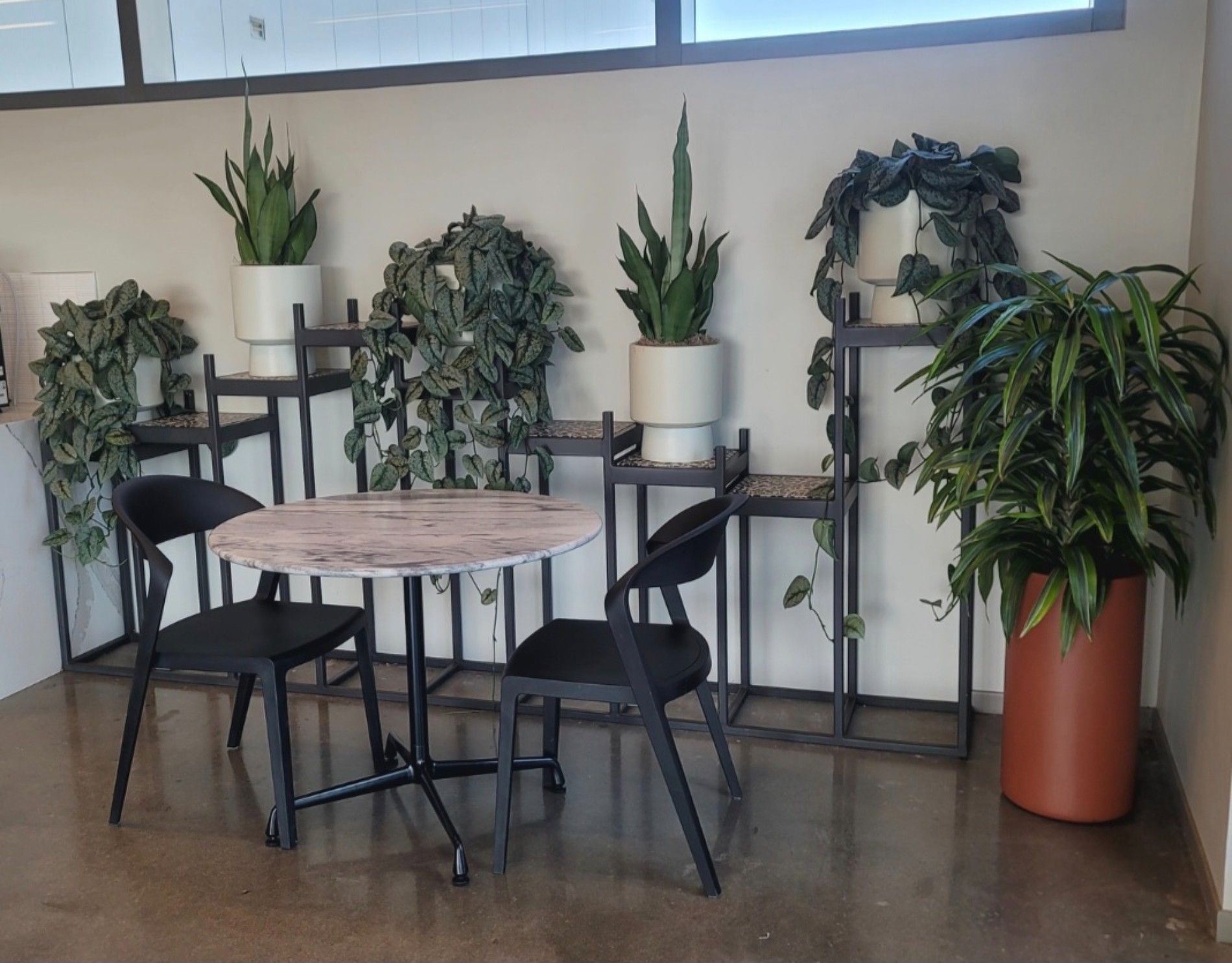 a table and chairs in a room with potted plants