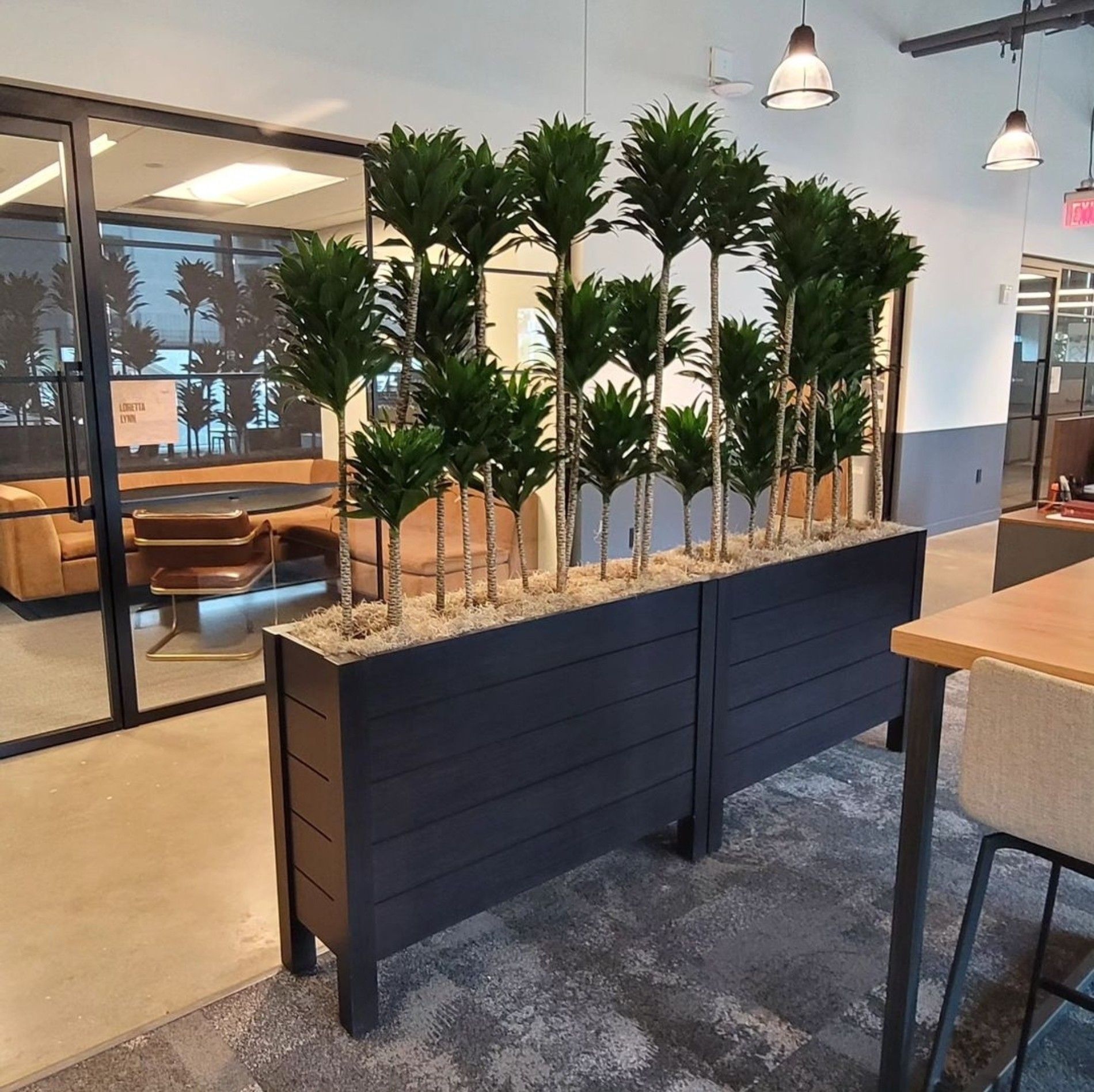 a room with a table and chairs and a planter with trees in it