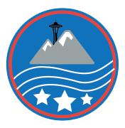 Seattle emblem: Space Needle, mountains, water waves, three stars, red and blue circle.
