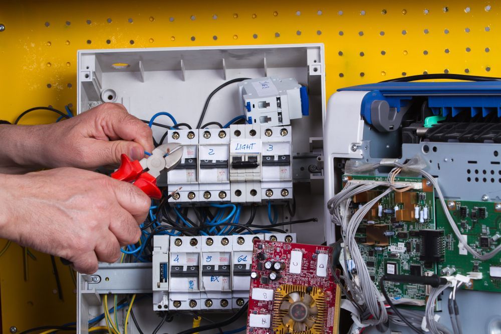 Hands Using Wire Cutters to Work on Electrical Breakers and Circuit Boards in A Workshop — AC/DC Electrical, Air Conditioning & Refrigeration In Plainlands, QLD