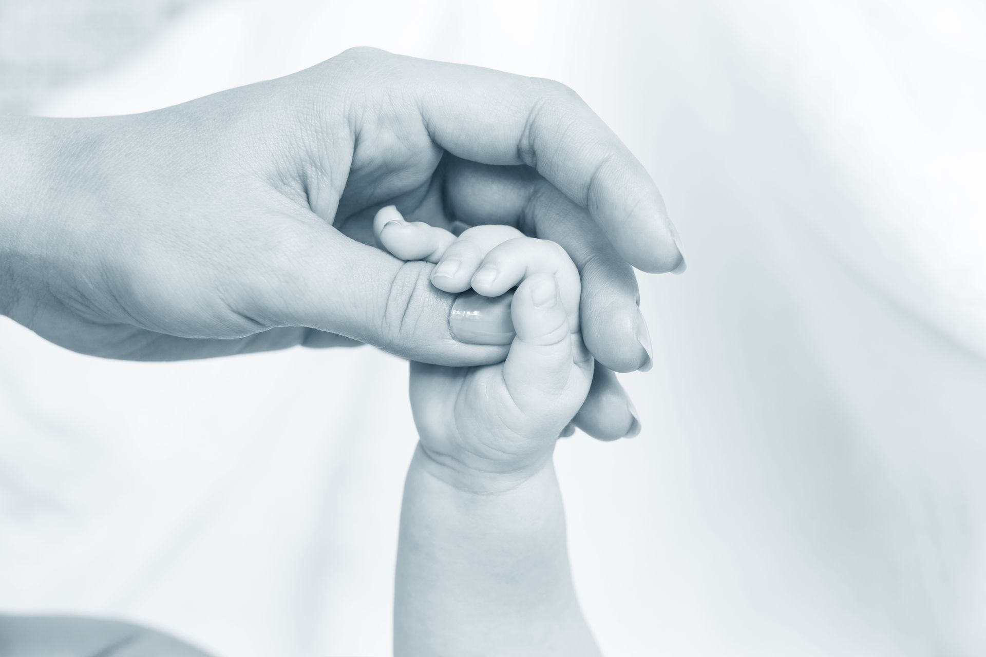 Adult hand holding a baby's hand, close-up. Soft blue tones.