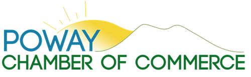 A logo for the poway chamber of commerce with a mountain in the background.