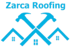 A blue logo for Zarca Roofing featuring two crossed hammers positioned above three stylized house silhouettes.