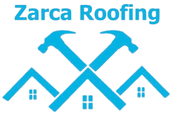 A blue logo for Zarca Roofing featuring two crossed hammers positioned above three stylized house silhouettes.