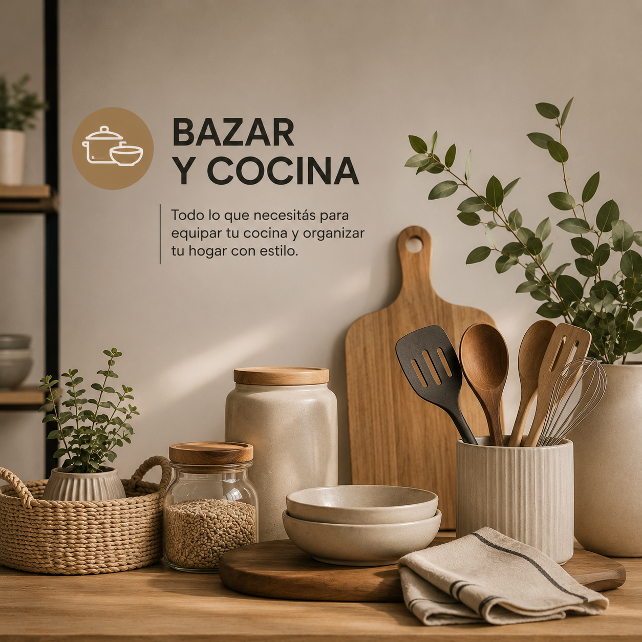 Exhibición de decoración de cocina con utensilios de madera, frascos, tazones y letrero de pared 