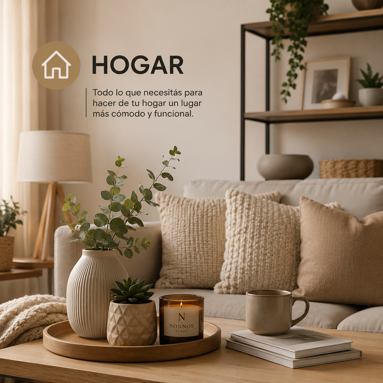 Acogedora decoración de salón con sofá beige, lámpara, plantas, bandeja y la palabra 