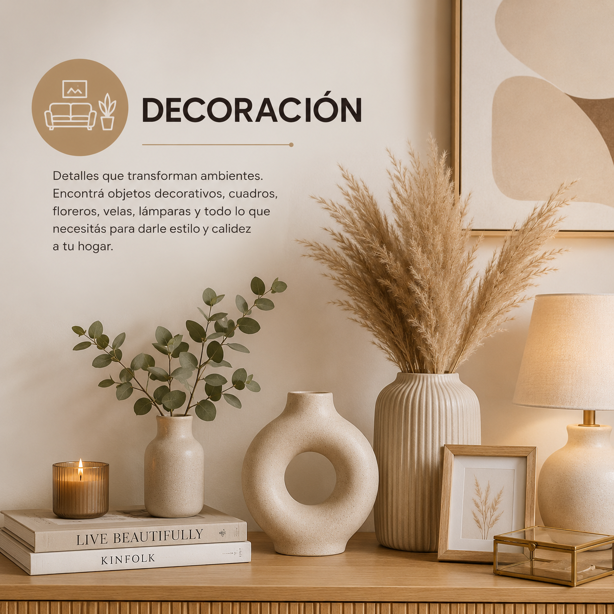 Estante interior decorativo de color beige con jarrones, hierba seca, velas y decoración enmarcada bajo la palabra “DECORACIÓN”.