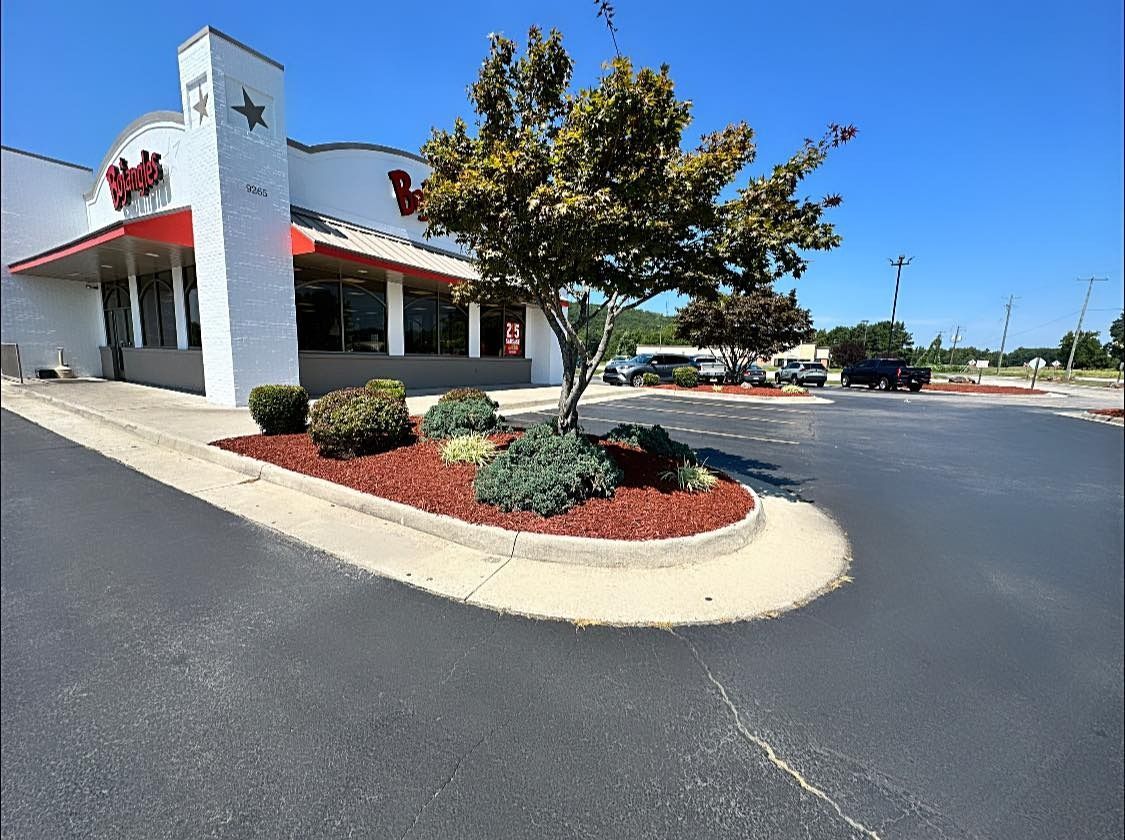 A restaurant with a tree in front of it and a parking lot.