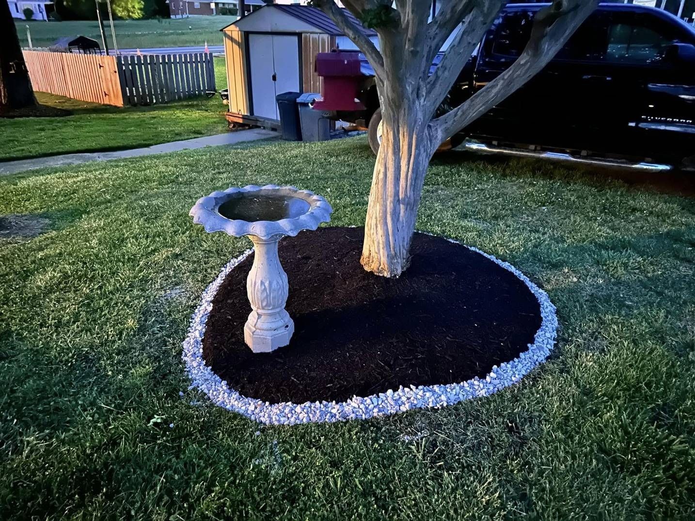 A bird bath is in the middle of a circle around a tree.