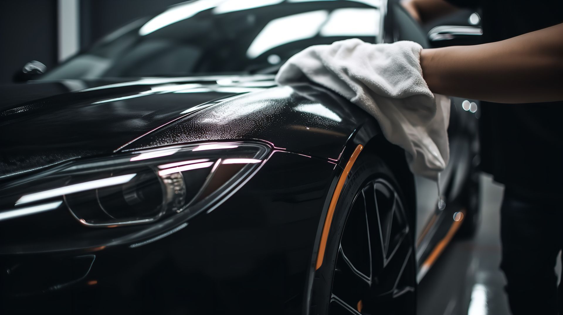 Hand wiping a black sports car’s hood in a dark garage