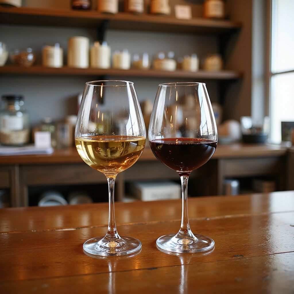 Two wine glasses, one with white wine, one with red, on a wooden table, with shelves in the background.