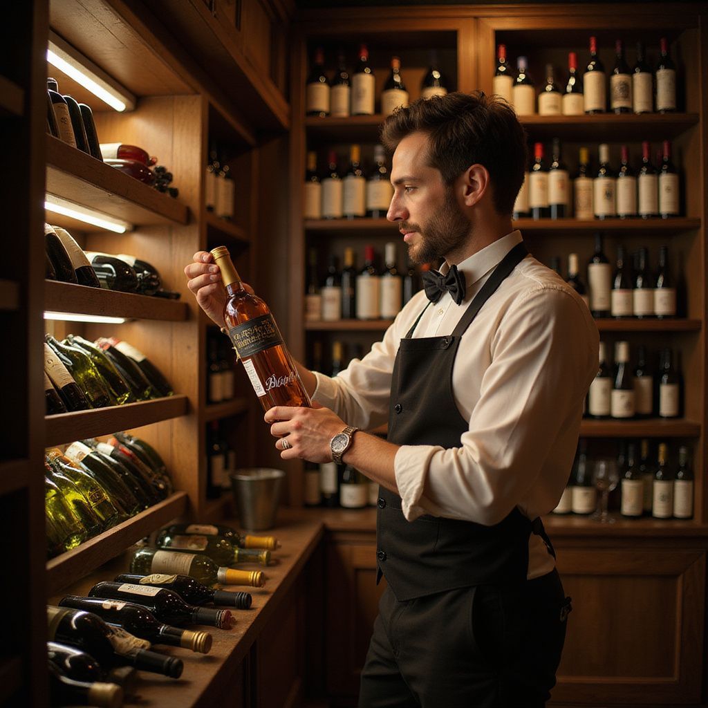 Sommelier examines wine bottle in a well-stocked wine cellar, wearing a black apron and bow tie.