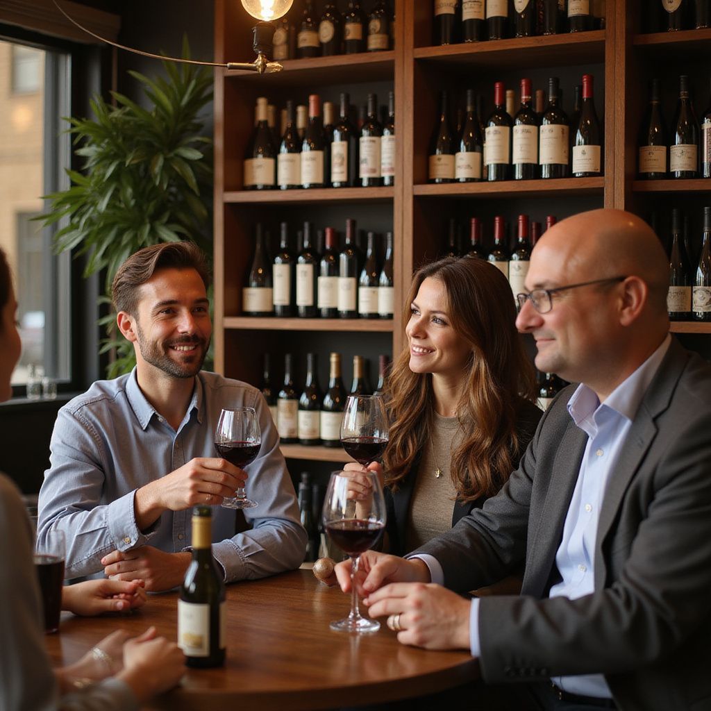 Four people drinking wine at a wine bar. Man in suit smiles, others talk and hold glasses. Wine bottles in background.