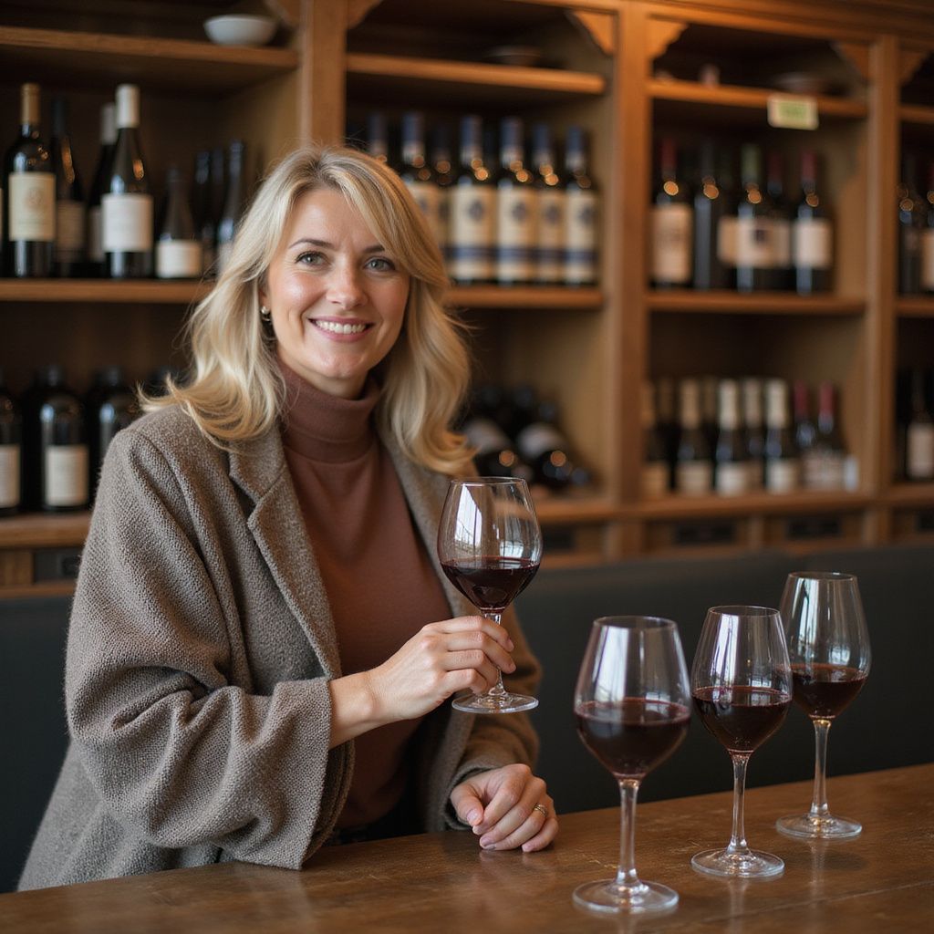 Woman smiles, holding a glass of red wine in a wine shop, with other glasses and bottles in the background.