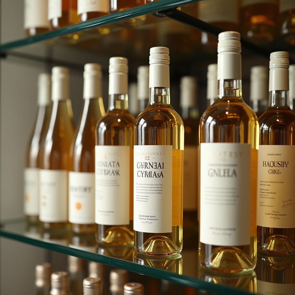 Wine bottles on glass shelves, light-colored labels, warm lighting.
