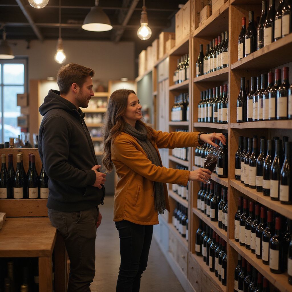 Couple browsing wine bottles in a store, woman reaching for a bottle, wooden shelves.