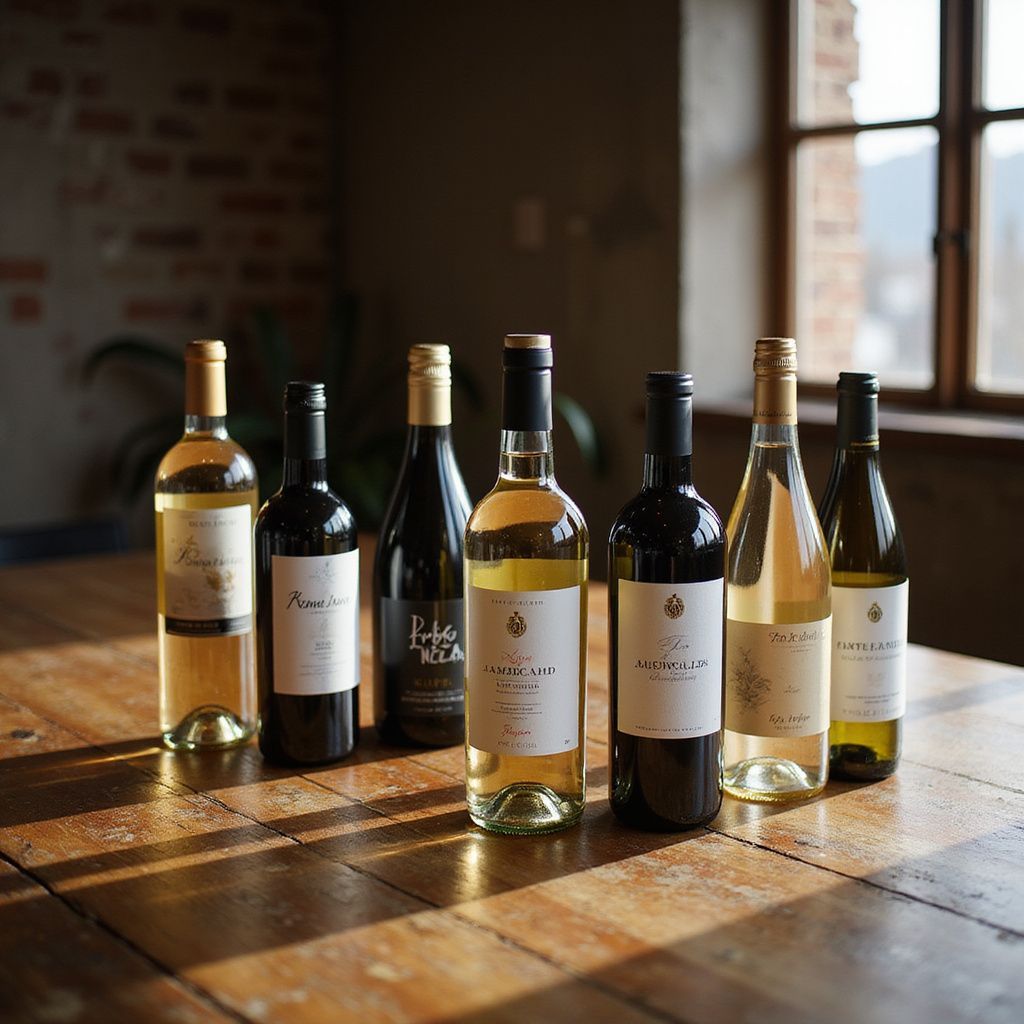 Bottles of wine on a wooden table in front of a window, various colors and styles.