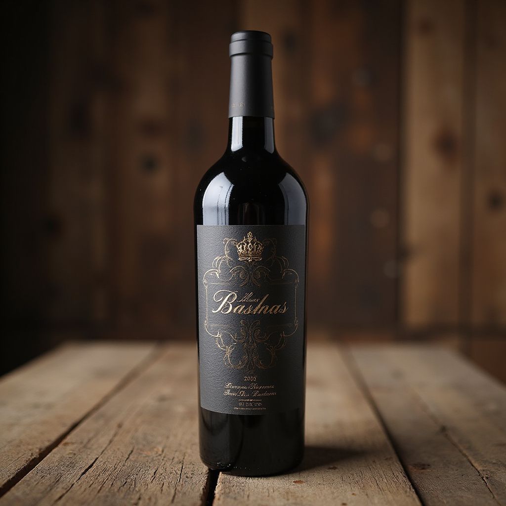 Wine bottle with black label and gold accents on a wooden table.