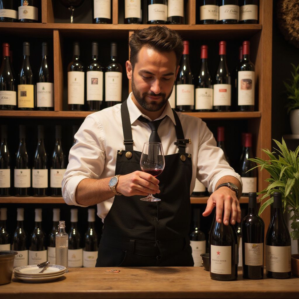 A man in a black apron examining red wine in a glass, with wine bottles on shelves behind him.