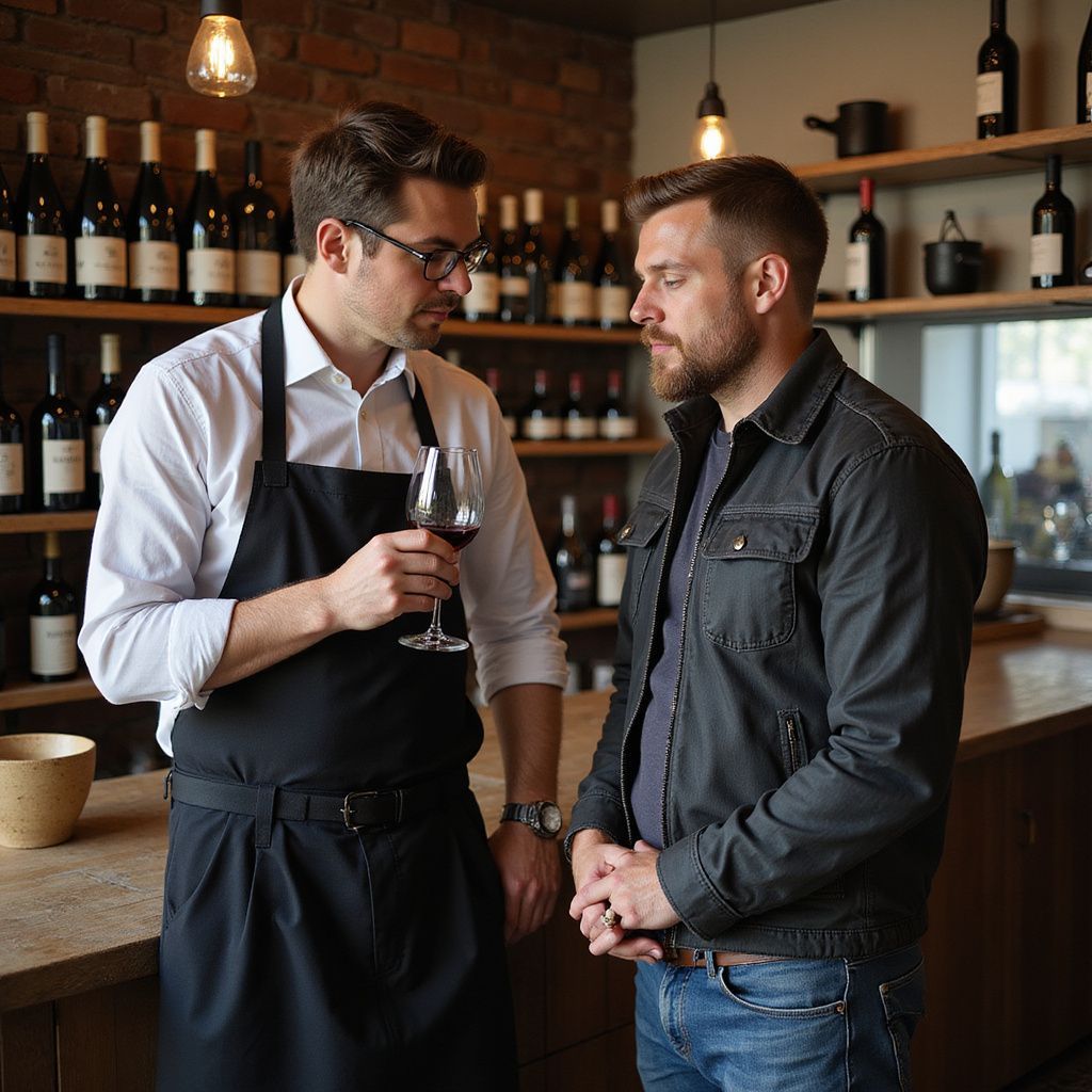 Wine server and customer discussing wine, wine bottles in the background.