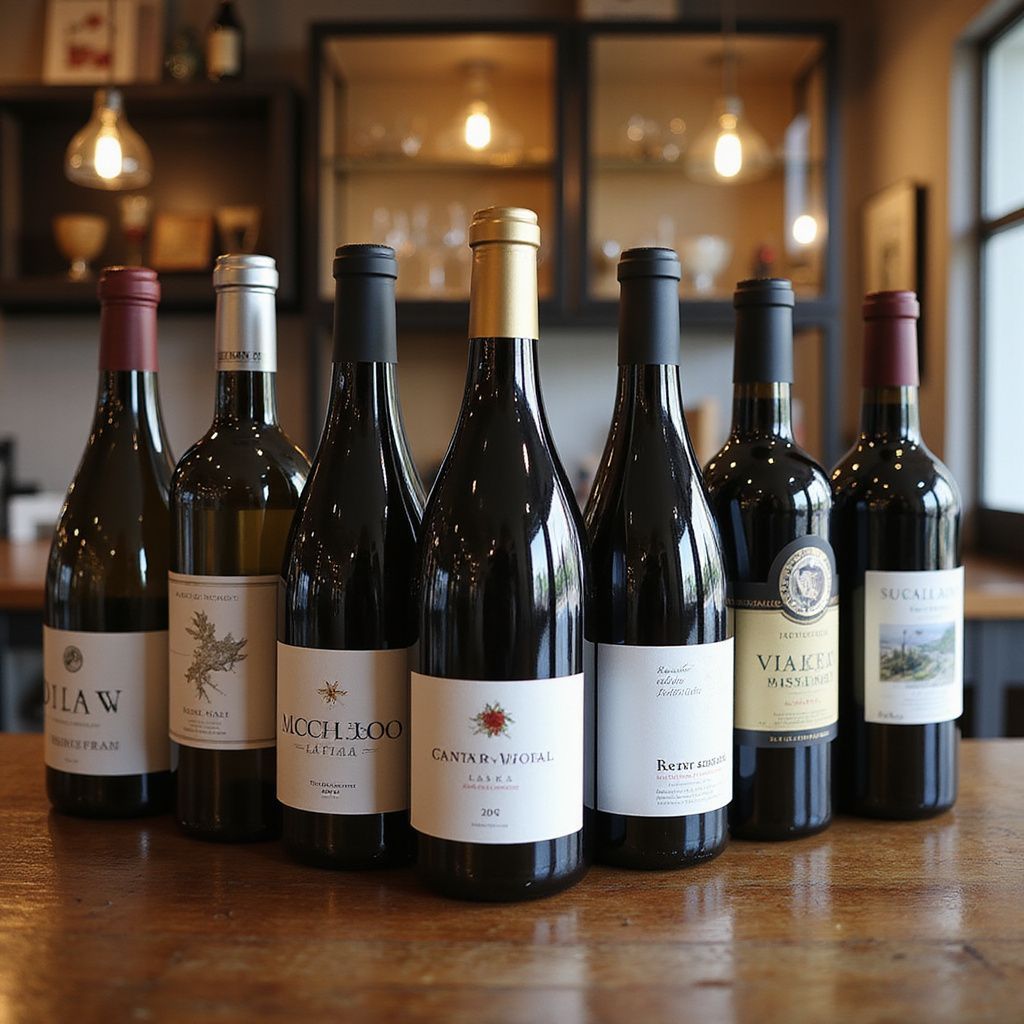 Seven wine bottles on a wooden table, with labels of different colors, in a wine shop setting.