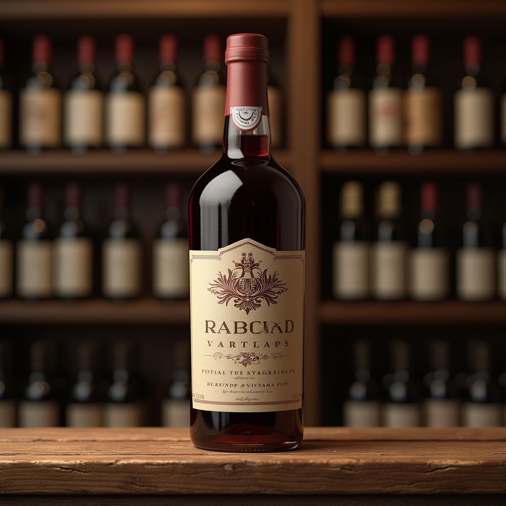 Bottle of Rabicad Cabernet wine on a wooden table in front of a wine rack.