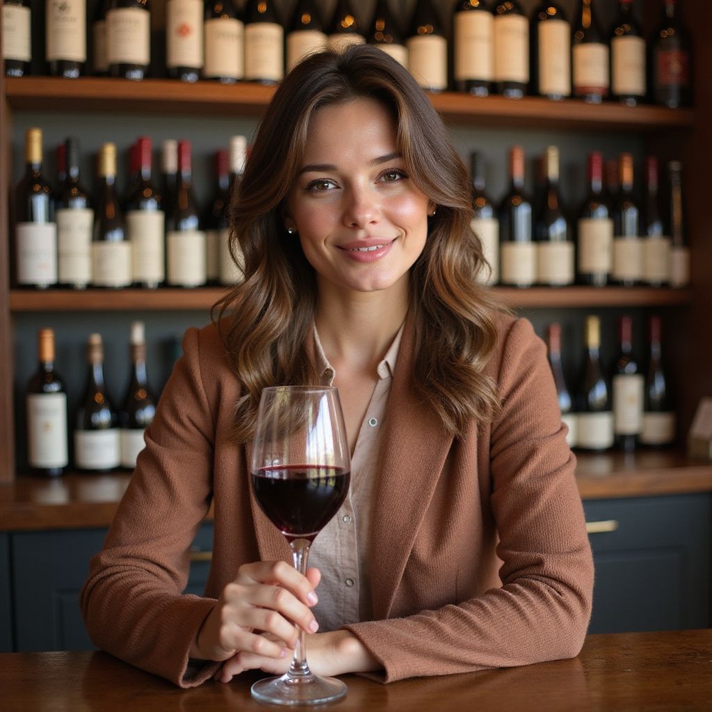 Woman holding a glass of red wine, smiling in front of a wine display.