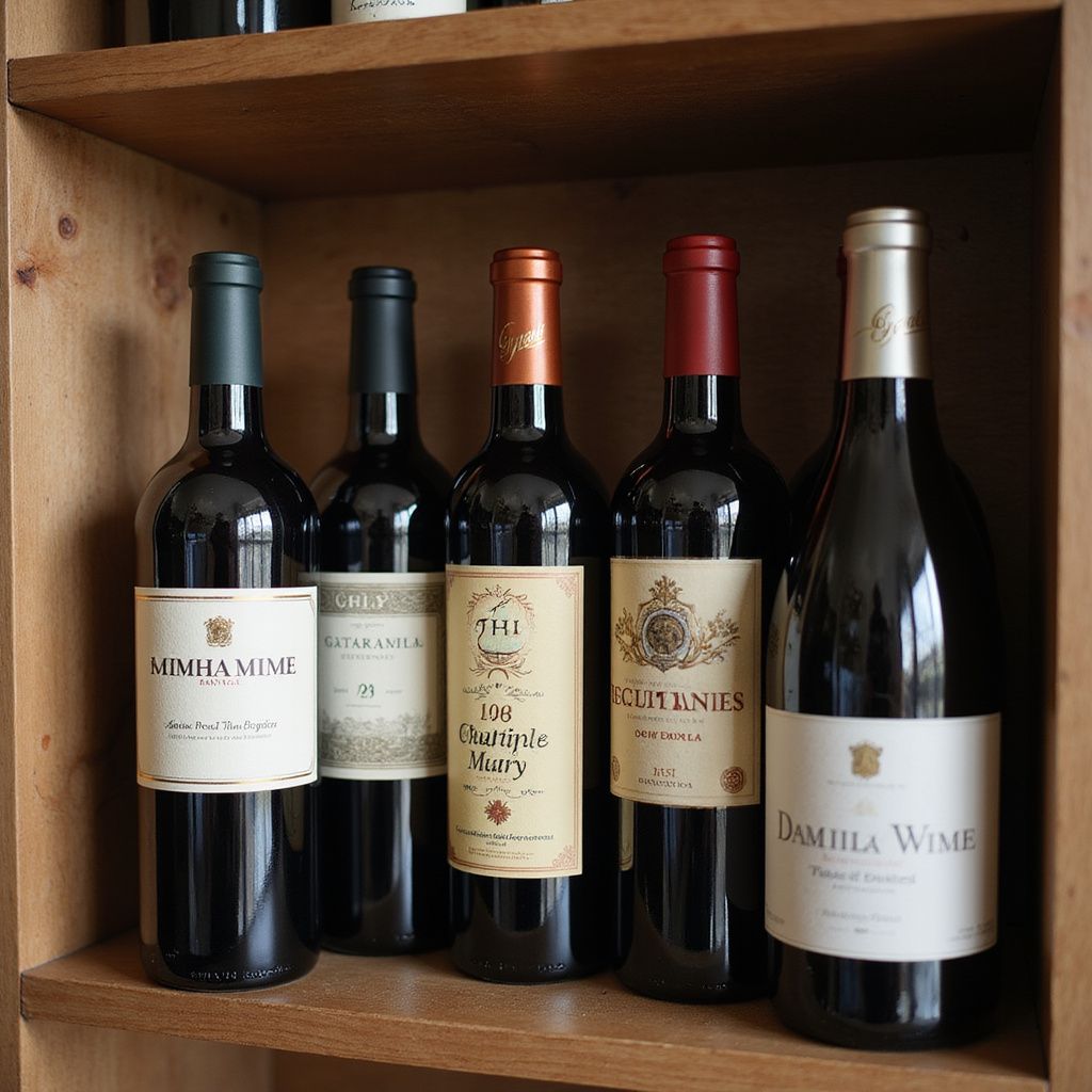 Five wine bottles on a wooden shelf, with different colored labels and corks, filled with dark red wine.