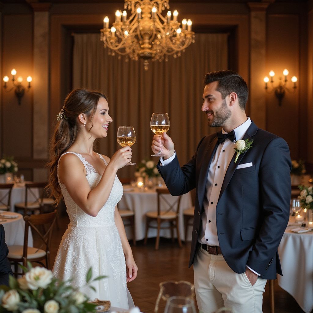 Bride and groom toast with wine glasses at a wedding reception; indoor, chandelier, elegant.